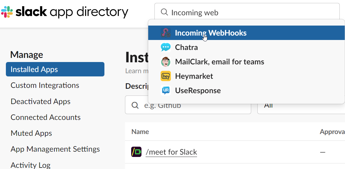 View-of-Slack-app-directory-showing-how-to-select-Incoming-webhooks