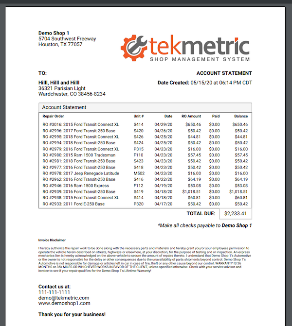 Tekmetric-account-statement
