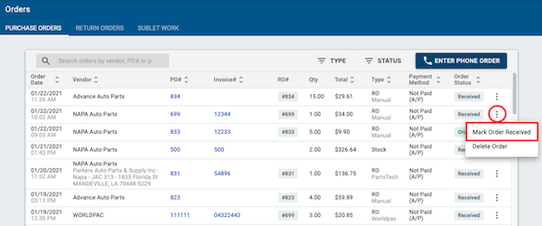 Screenshot-of-orders-view-within-tekmetric-showing-the-mark-order-recieved-drop-down-from-the-three-dots-next-to-received-on-each-order-line