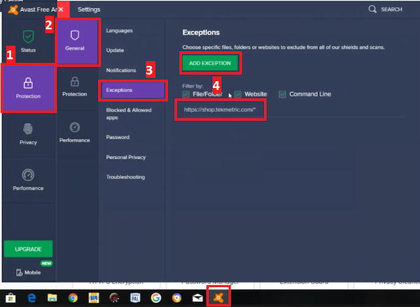 screen-shot-of-the-path-to-click-into-add-exceptions-within-AVAST-anti-virus-program